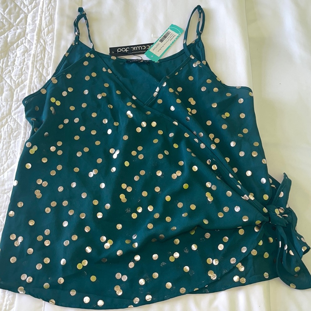 Papermoon Side-Tie Top~Hunter green and gold~Size Large